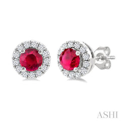 3.25 MM Round Ruby and 1/10 Ctw Round Cut Diamond Halo Precious Stud Earrings in 14K White Gold