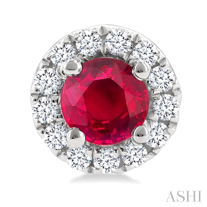 3.25 MM Round Ruby and 1/10 Ctw Round Cut Diamond Halo Precious Stud Earrings in 14K White Gold