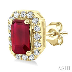 5x3 MM Octagonal Shape Ruby and 1/8 Ctw Round Cut Diamond Halo Precious Stud Earrings in 14K Yellow Gold