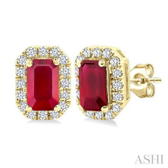 5x3 MM Octagonal Shape Ruby and 1/8 Ctw Round Cut Diamond Halo Precious Stud Earrings in 14K Yellow Gold