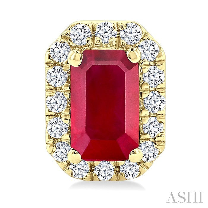 5x3 MM Octagonal Shape Ruby and 1/8 Ctw Round Cut Diamond Halo Precious Stud Earrings in 14K Yellow Gold