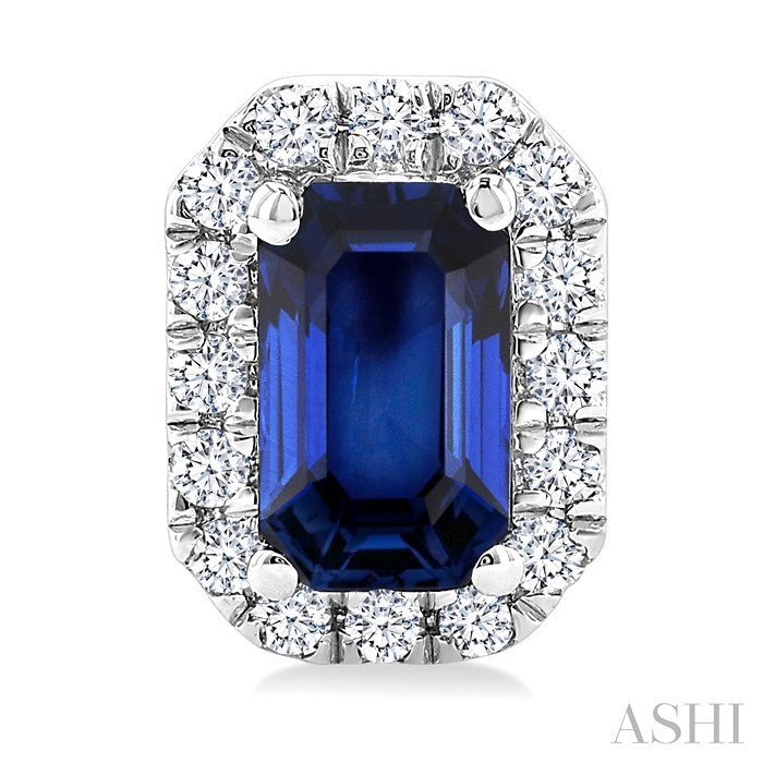 5x3 MM Octagonal Shape Sapphire and 1/8 Ctw Round Cut Diamond Halo Precious Stud Earrings in 14K White Gold