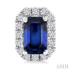 5x3 MM Octagonal Shape Sapphire and 1/8 Ctw Round Cut Diamond Halo Precious Stud Earrings in 14K White Gold