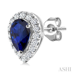 5x3 MM Pear Shape Sapphire and 1/8 Ctw Round Cut Diamond Halo Precious Stud Earrings in 14K White Gold