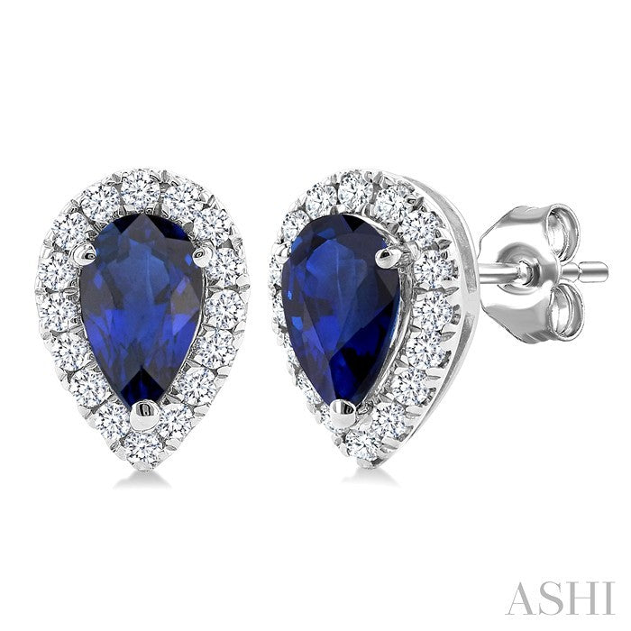 5x3 MM Pear Shape Sapphire and 1/8 Ctw Round Cut Diamond Halo Precious Stud Earrings in 14K White Gold