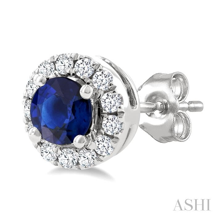3.25 MM Round Sapphire and 1/10 Ctw Round Cut Diamond Halo Precious Stud Earrings in 14K White Gold