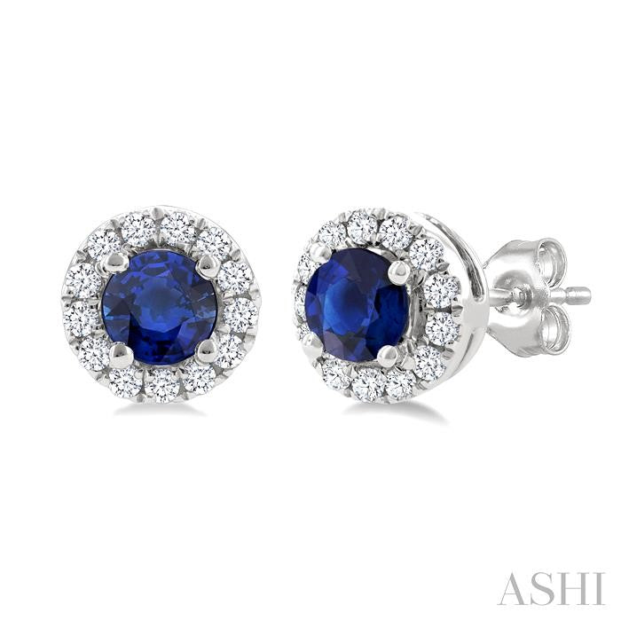 3.25 MM Round Sapphire and 1/10 Ctw Round Cut Diamond Halo Precious Stud Earrings in 14K White Gold
