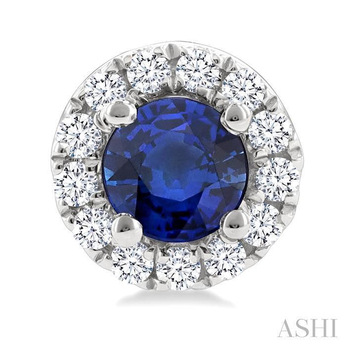 3.25 MM Round Sapphire and 1/10 Ctw Round Cut Diamond Halo Precious Stud Earrings in 14K White Gold