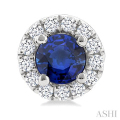 3.25 MM Round Sapphire and 1/10 Ctw Round Cut Diamond Halo Precious Stud Earrings in 14K White Gold