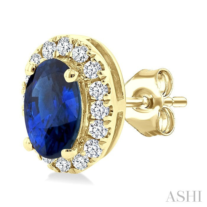 5x3 MM Oval Shape Sapphire and 1/8 Ctw Round Cut Diamond Halo Precious Stud Earrings in 14K Yellow Gold