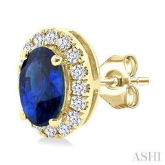 5x3 MM Oval Shape Sapphire and 1/8 Ctw Round Cut Diamond Halo Precious Stud Earrings in 14K Yellow Gold