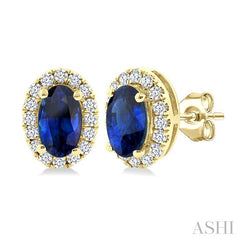 5x3 MM Oval Shape Sapphire and 1/8 Ctw Round Cut Diamond Halo Precious Stud Earrings in 14K Yellow Gold