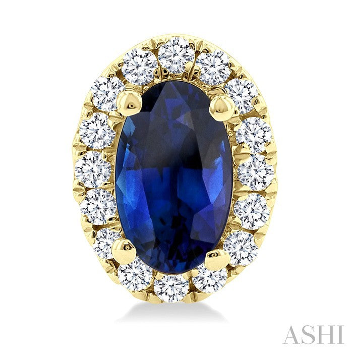 5x3 MM Oval Shape Sapphire and 1/8 Ctw Round Cut Diamond Halo Precious Stud Earrings in 14K Yellow Gold