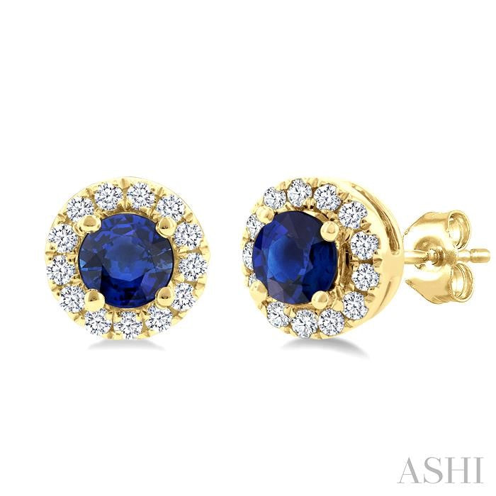 3.25 MM Round Sapphire and 1/10 Ctw Round Cut Diamond Halo Precious Stud Earrings in 14K Yellow Gold