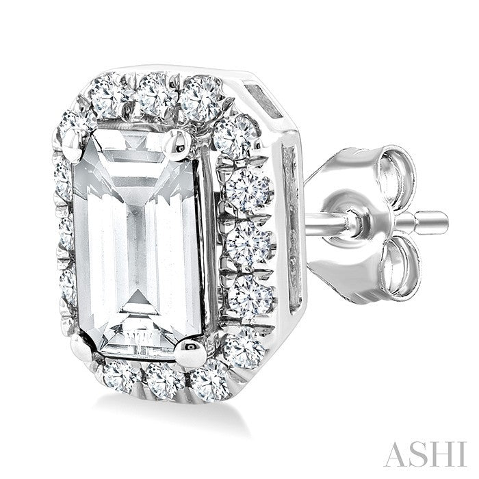 5x3 MM Octagonal Shape White Topaz and 1/8 Ctw Round Cut Diamond Halo Semi-Precious Stud Earrings in 14K White Gold