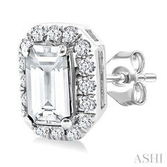 5x3 MM Octagonal Shape White Topaz and 1/8 Ctw Round Cut Diamond Halo Semi-Precious Stud Earrings in 14K White Gold