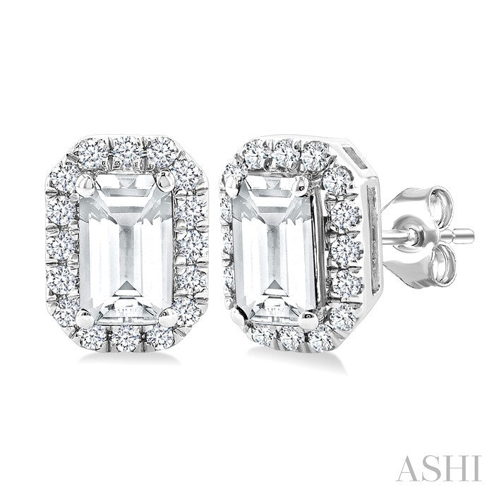 5x3 MM Octagonal Shape White Topaz and 1/8 Ctw Round Cut Diamond Halo Semi-Precious Stud Earrings in 14K White Gold