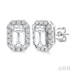 5x3 MM Octagonal Shape White Topaz and 1/8 Ctw Round Cut Diamond Halo Semi-Precious Stud Earrings in 14K White Gold