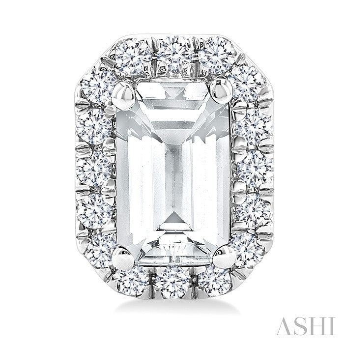 5x3 MM Octagonal Shape White Topaz and 1/8 Ctw Round Cut Diamond Halo Semi-Precious Stud Earrings in 14K White Gold