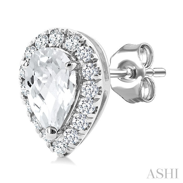 5x3 MM Pear Shape White Topaz and 1/8 Ctw Round Cut Diamond Halo Semi-Precious Stud Earrings in 14K White Gold