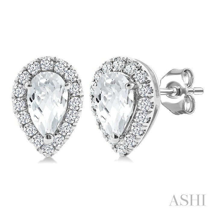 5x3 MM Pear Shape White Topaz and 1/8 Ctw Round Cut Diamond Halo Semi-Precious Stud Earrings in 14K White Gold
