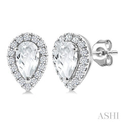 5x3 MM Pear Shape White Topaz and 1/8 Ctw Round Cut Diamond Halo Semi-Precious Stud Earrings in 14K White Gold