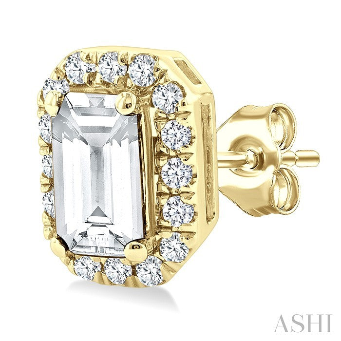 5x3 MM Octagonal Shape White Topaz and 1/8 Ctw Round Cut Diamond Halo Semi-Precious Stud Earrings in 14K Yellow Gold