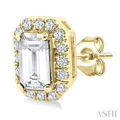 5x3 MM Octagonal Shape White Topaz and 1/8 Ctw Round Cut Diamond Halo Semi-Precious Stud Earrings in 14K Yellow Gold