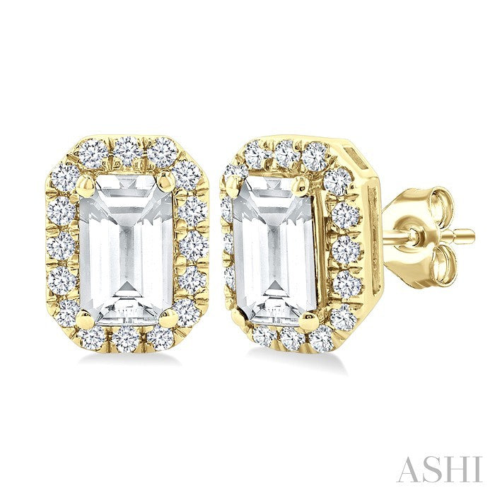 5x3 MM Octagonal Shape White Topaz and 1/8 Ctw Round Cut Diamond Halo Semi-Precious Stud Earrings in 14K Yellow Gold