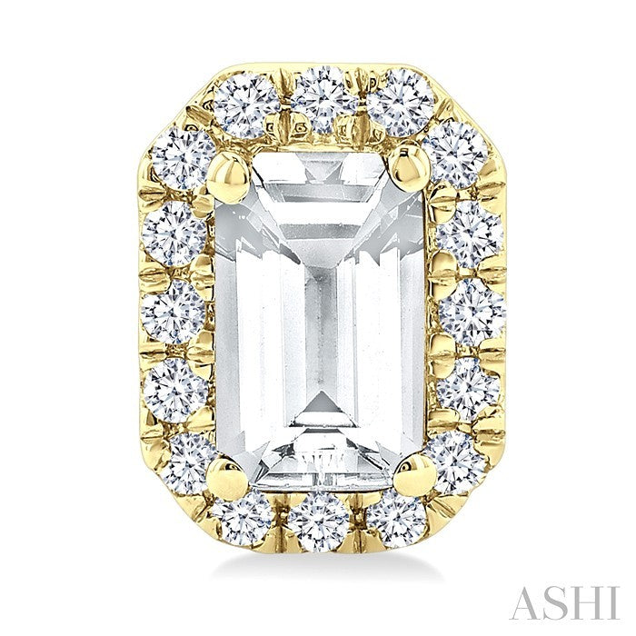 5x3 MM Octagonal Shape White Topaz and 1/8 Ctw Round Cut Diamond Halo Semi-Precious Stud Earrings in 14K Yellow Gold
