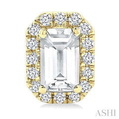 5x3 MM Octagonal Shape White Topaz and 1/8 Ctw Round Cut Diamond Halo Semi-Precious Stud Earrings in 14K Yellow Gold