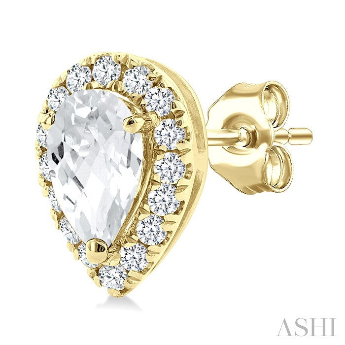 5x3 MM Pear Shape White Topaz and 1/8 Ctw Round Cut Diamond Halo Semi-Precious Stud Earrings in 14K Yellow Gold