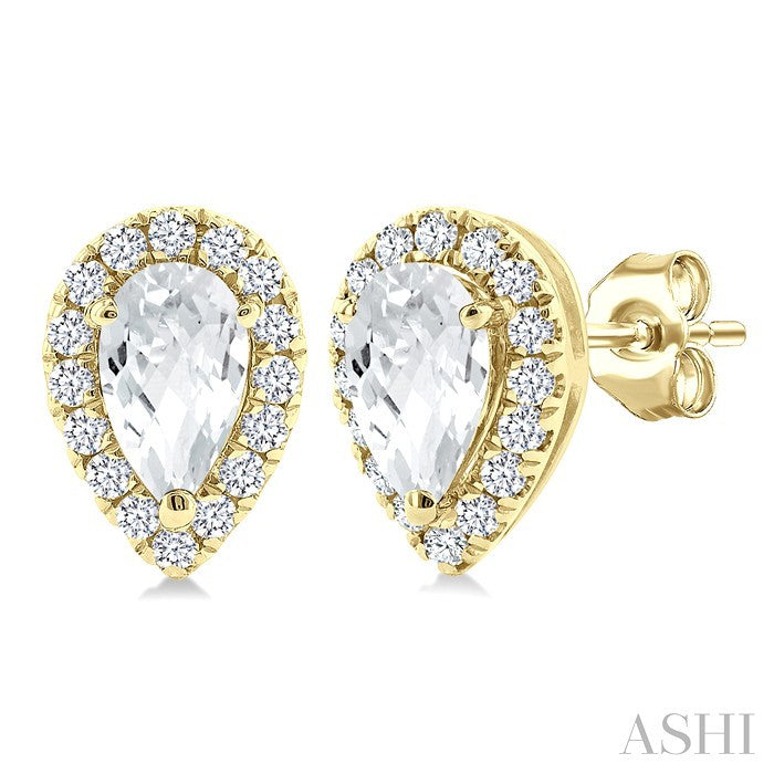 5x3 MM Pear Shape White Topaz and 1/8 Ctw Round Cut Diamond Halo Semi-Precious Stud Earrings in 14K Yellow Gold