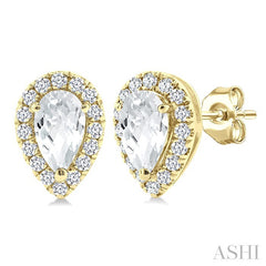 5x3 MM Pear Shape White Topaz and 1/8 Ctw Round Cut Diamond Halo Semi-Precious Stud Earrings in 14K Yellow Gold