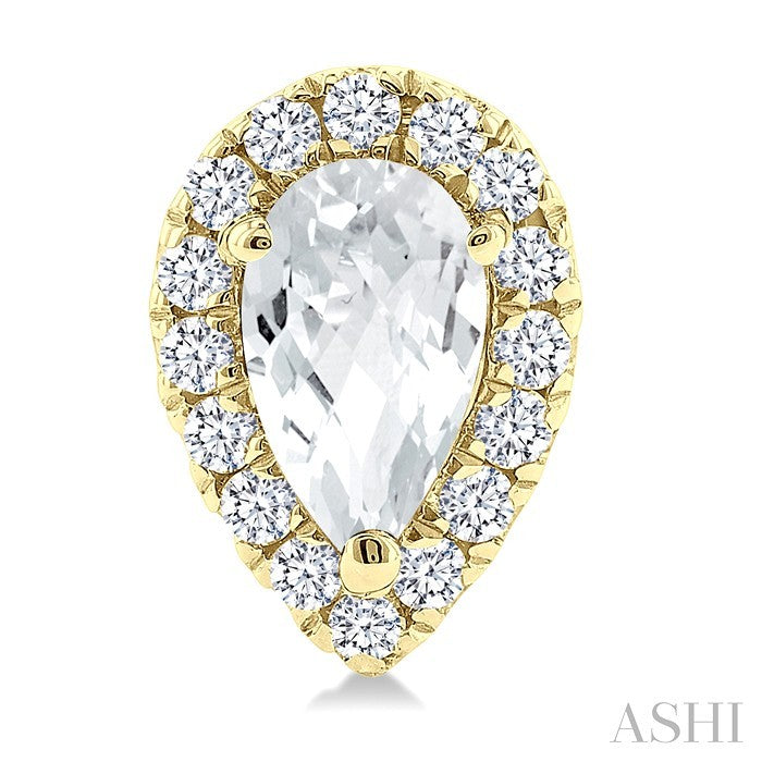 5x3 MM Pear Shape White Topaz and 1/8 Ctw Round Cut Diamond Halo Semi-Precious Stud Earrings in 14K Yellow Gold