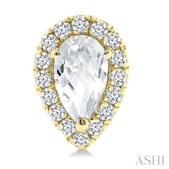 5x3 MM Pear Shape White Topaz and 1/8 Ctw Round Cut Diamond Halo Semi-Precious Stud Earrings in 14K Yellow Gold