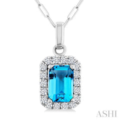 6x4 MM Octagonal Shape Blue Topaz and 1/6 Ctw Round Cut Diamond Halo Semi-Precious Pendant with Chain in 10K White Gold
