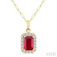 6x4 MM Octagonal Shape Ruby and 1/6 Ctw Round Cut Diamond Halo Precious Pendant with Chain in 10K Yellow Gold