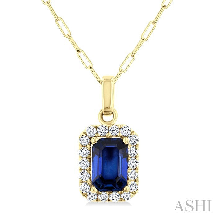 6x4 MM Octagonal Shape Sapphire and 1/6 Ctw Round Cut Diamond Halo Precious Pendant with Chain in 10K Yellow Gold