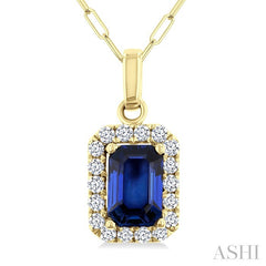 6x4 MM Octagonal Shape Sapphire and 1/6 Ctw Round Cut Diamond Halo Precious Pendant with Chain in 10K Yellow Gold