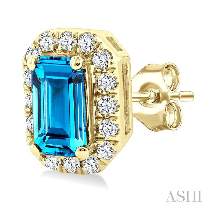 5x3 MM Octagonal Shape Blue Topaz and 1/8 Ctw Round Cut Diamond Halo Semi-Precious Stud Earrings in 10K Yellow Gold