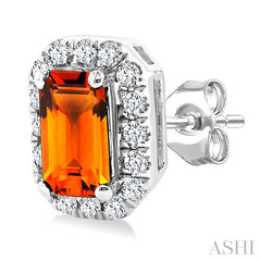5x3 MM Octagonal Shape Citrine and 1/8 Ctw Round Cut Diamond Halo Semi-Precious Stud Earrings in 10K White Gold