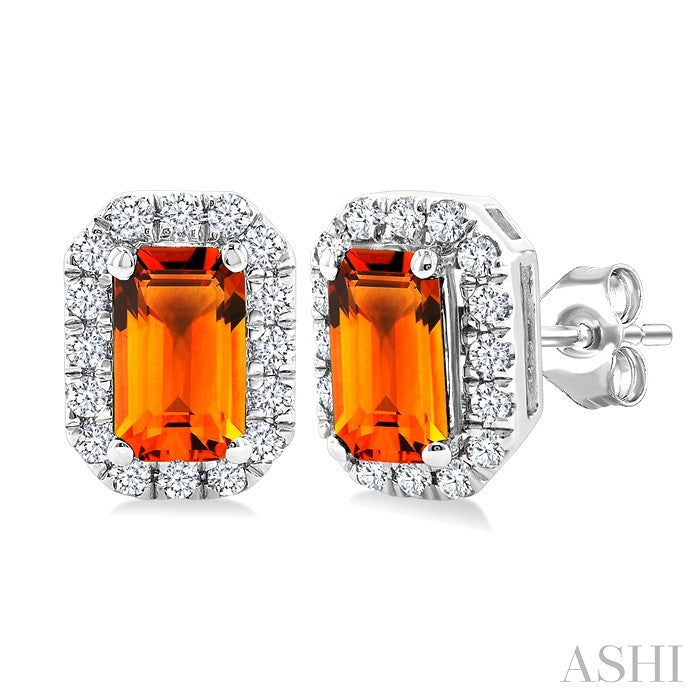 5x3 MM Octagonal Shape Citrine and 1/8 Ctw Round Cut Diamond Halo Semi-Precious Stud Earrings in 10K White Gold
