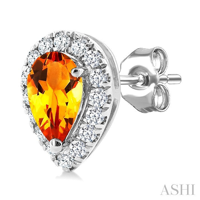 5x3 MM Pear Shape Citrine and 1/8 Ctw Round Cut Diamond Halo Semi-Precious Stud Earrings in 10K White Gold