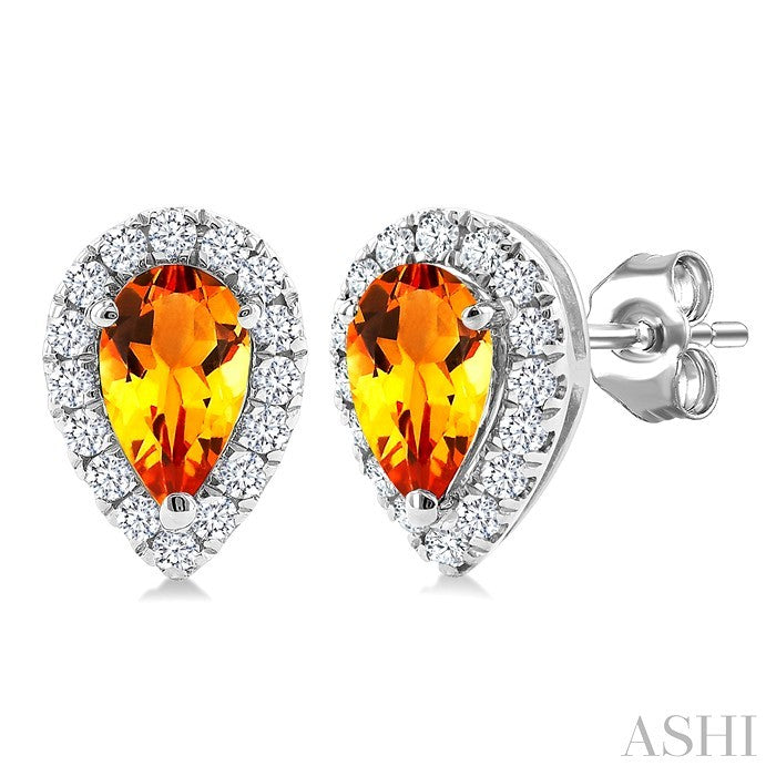 5x3 MM Pear Shape Citrine and 1/8 Ctw Round Cut Diamond Halo Semi-Precious Stud Earrings in 10K White Gold
