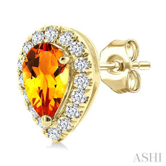 5x3 MM Pear Shape Citrine and 1/8 Ctw Round Cut Diamond Halo Semi-Precious Stud Earrings in 10K Yellow Gold