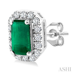 5x3 MM Octagonal Shape Emerald and 1/8 Ctw Round Cut Diamond Halo Precious Stud Earrings in 10K White Gold