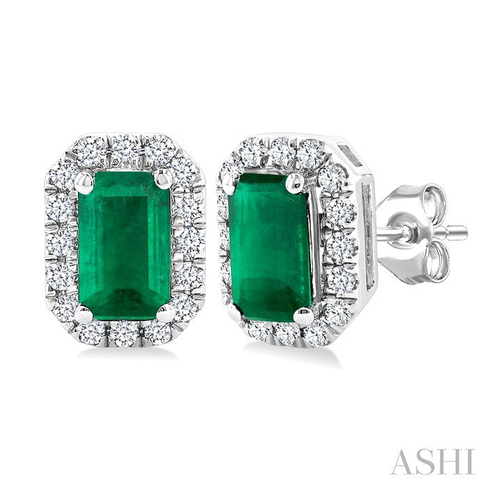 5x3 MM Octagonal Shape Emerald and 1/8 Ctw Round Cut Diamond Halo Precious Stud Earrings in 10K White Gold