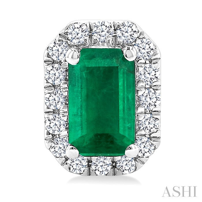 5x3 MM Octagonal Shape Emerald and 1/8 Ctw Round Cut Diamond Halo Precious Stud Earrings in 10K White Gold