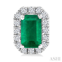 5x3 MM Octagonal Shape Emerald and 1/8 Ctw Round Cut Diamond Halo Precious Stud Earrings in 10K White Gold